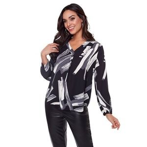 Compli-K Women's V-Neck Long Sleeve Blouse Size S Black & White Brush Stroke NWT